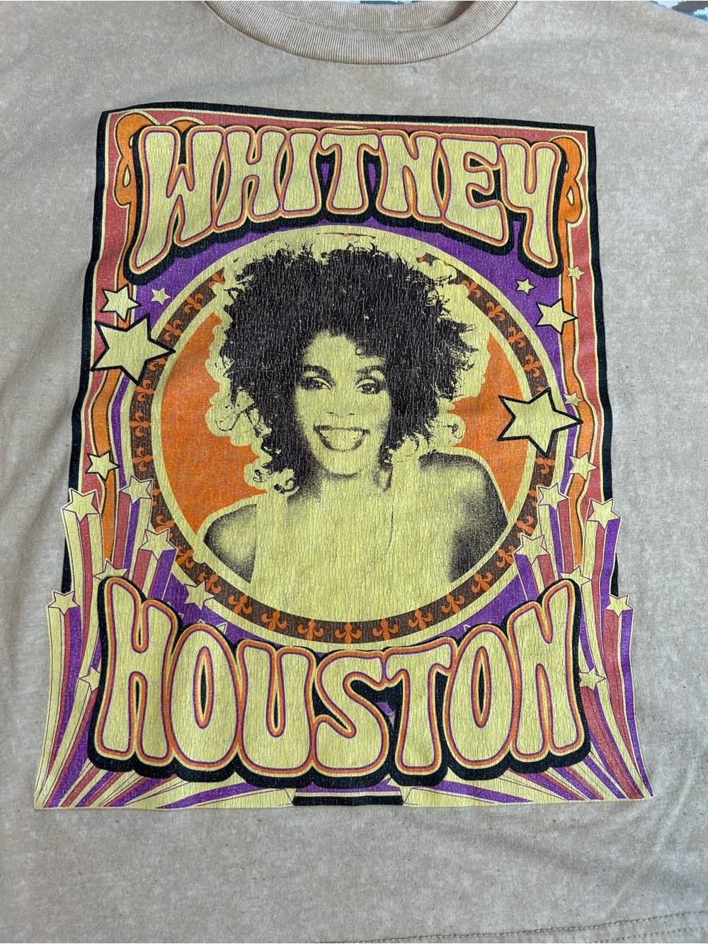 Beige Short-Sleeve Graphic Tee with Retro Whitney Print